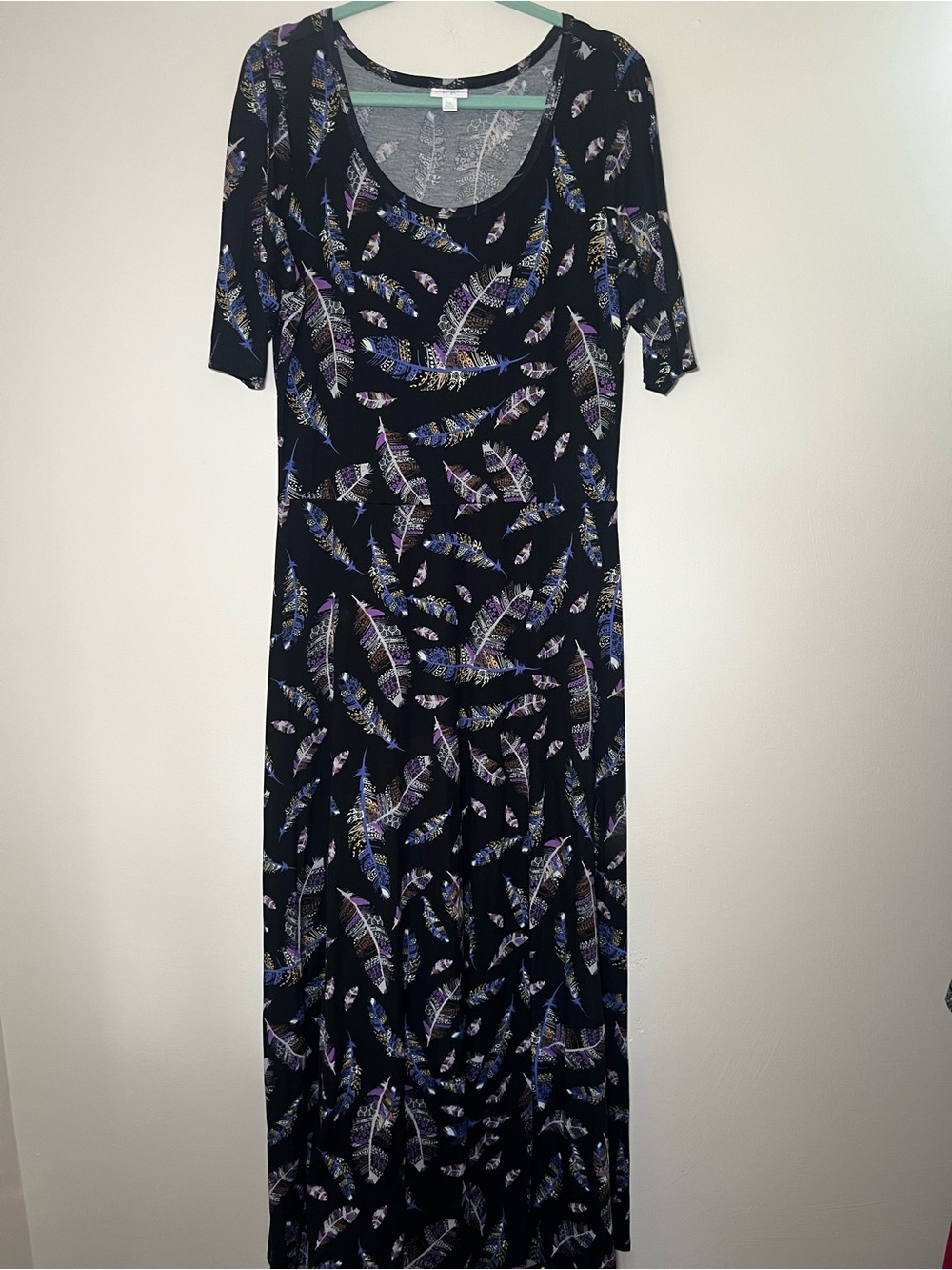 LuLaRoe Black Maxi Dress with Purple and Blue Feather Print